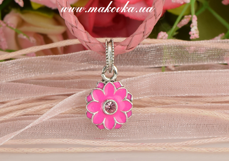 Бусина Пандора-стиля с подвеской цветок Астра, розовый со стразой, 1 шт