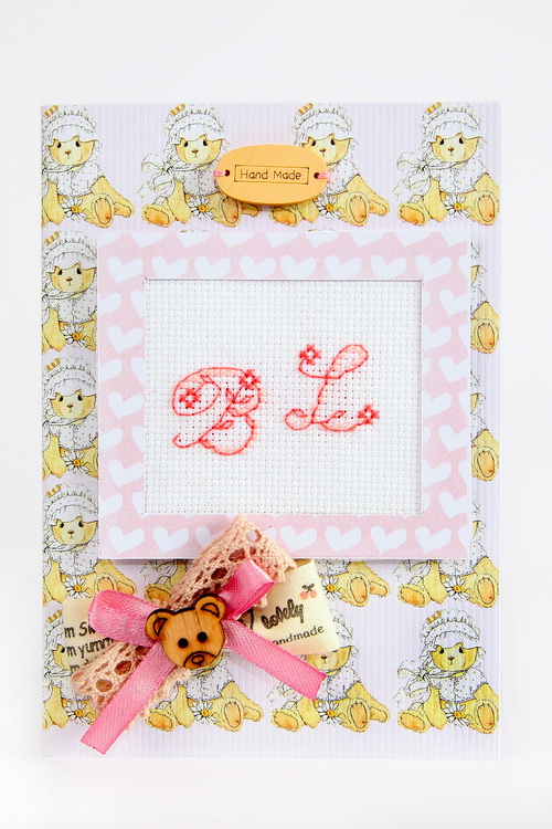 Набор для создания открытки (S) F-5 вышивка Буквы (мишки, розовая), Лука-С