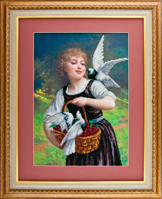 Рисунок на атласе под вышивку бисером Девочка и голуби, 30х40 см, А-525, Ангелика 