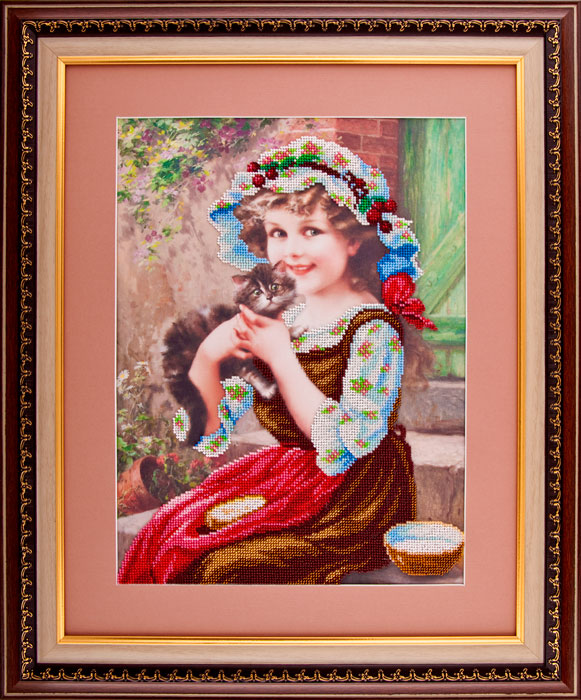 Рисунок на атласе под вышивку бисером Девочка с котенком, 30х40 см,  А-528, Ангелика 