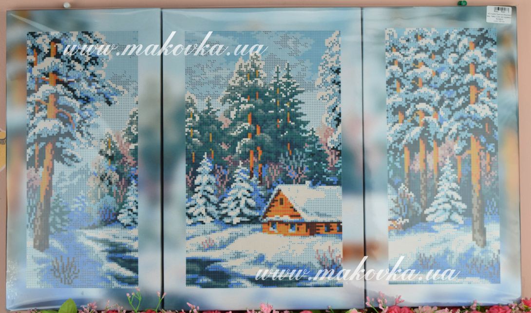 КП-Тр004 Триптих Морозный деньечер, ткань с рисункомна подрамнике, Бисерок