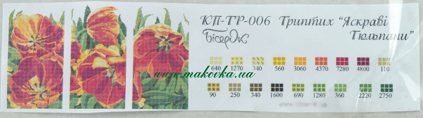 КП-Тр006 Триптих Яркие тюльпаны, ткань с рисункомна подрамнике, Бисерок