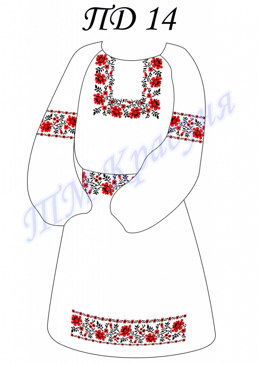 Заготовка для детского платья под вышивку №14 Розы красно-черные, длинный рукав, домотканая ткань с рисунком