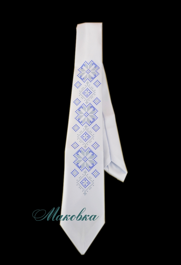 Галстук №04 белый с синим орнаментом и гербом, атлас
