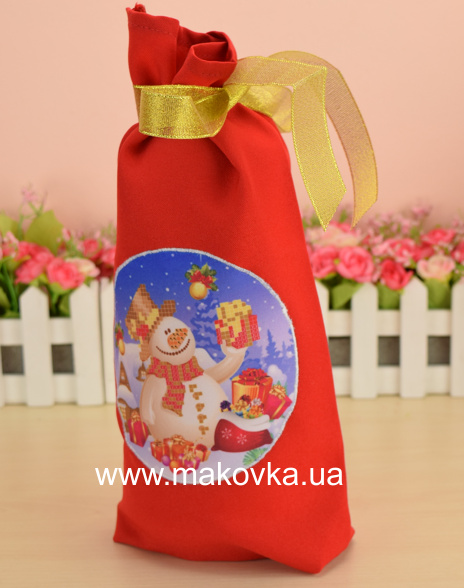 Мешочек на Бутылку Новогодний №2 Снеговик, Красный, ТМ Красуня