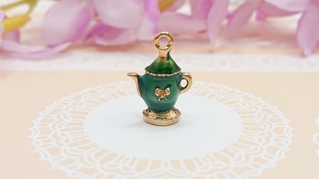 Кольорова підвіска, шарм Чайник Зелений з сердечком, з емалевим покриттям, 1 шт