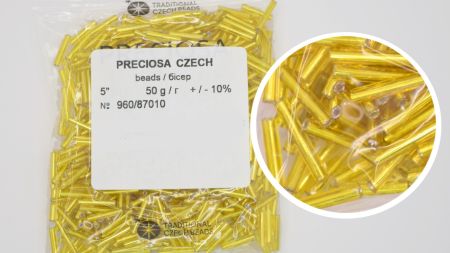 Чеський бісер Preciosa стеклярус-5, колір 87010, прозорий срібло жовтий лимонний, 50 г