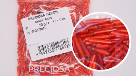 Чеський бісер Preciosa стеклярус-5, колір 97070, прозорий срібло червоний , 50 г
