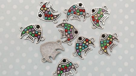 Конектор металевий Рибка, колір античне срібло з кольоровими крапками, 1 шт