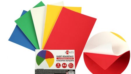 Набір кольорового фоама з клейовим шаром 5 різних Класичних кольорів , товщина 1.7 мм, розмір А4, Santi 743267