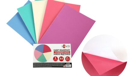 Набір кольорового фоама з клейовим шаром 5 різних Ніжних відтінків , товщина 1.7 мм, розмір А4, Santi 743268