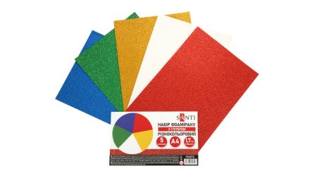 Набір кольорового фоама з глітером 5 різних кольорів, товщина 1.7 мм, розмір А4, Santi 743272