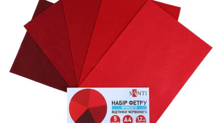 Набір кольорового фетру SANTI м'якого, відтінки Червоного 21х30см 5 аркушів 743249