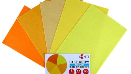 Набір кольорового фетру SANTI м'якого, відтінки Жовтого , розмір 21х30см 5 аркушів 743250