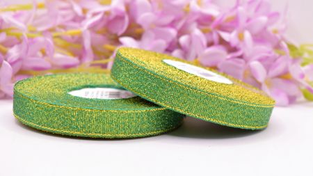 Декоративна стрічка 12мм, блискуча люрексова парчева колір Зелений із золотом, 1 рулон