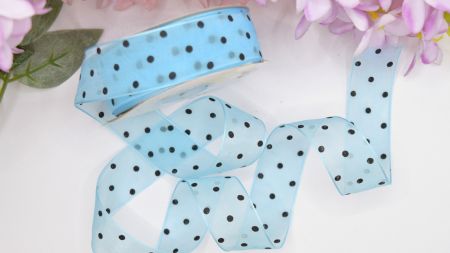 Декоративна стрічка Органза ширина 25 мм, Блакитна з чорними крапками, 1 метр