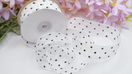 Декоративна стрічка Органза ширина 25 мм, Біла з чорними крапками, 1 метр