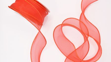 Декоративна стрічка Органза ширина 40 мм, Червона з золотою обшивкою країв , 1 метр