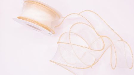 Декоративна стрічка Органза ширина 40 мм, Молочна з золотою обшивкою країв , 1 метр