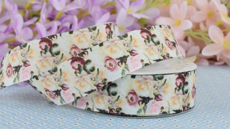 Жовто-бордові троянди репсова стрічка з квітами,  25 мм 1 метр