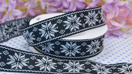 Гобеленова стрічка з українським орнаментом Білі зірки на чорному , 30 мм , 1 м.