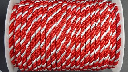 Атласний витий шнур, товщина 5 мм, двоколірний срібно-червоний, 1 м
