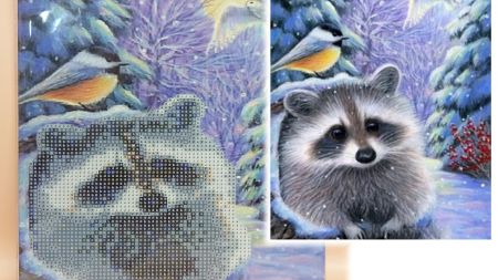 Картина стразами 5D 178430 Єнотик  і зима, 21х25см, Go to Art підставка  