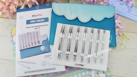 Набір кубічних знімних спиць Nova Cubics Deluxe KnitPro 4, 4,5, 5, 5,5, 6, 7, 8мм, повороті кабелі та органайзер 12370