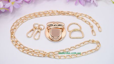 Набір металевої фурнітури для сумки, Світлий Золотий колір, з ланцюжком та застібкою