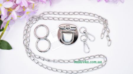 Набір металевої фурнітури для сумки, Платиновий (сталевий) колір №2, з ланцюжком та застібкою