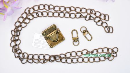 Набір металевої фурнітури для сумки, колір Антична Бронза , з ланцюжком та застібкою