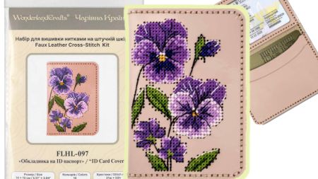 Набір для вишивання на штучній шкірі Обкладинка на ІД-паспорт Рожевий колір FLHL-097 фіалки Wonderland Crafts (Чарівна Країна)