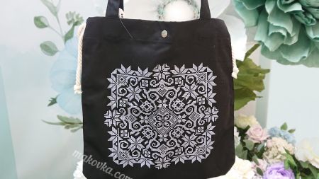 Пошита Эко-Сумка , шопер з малюнком під вишивку Орнамент  ШП-1-097 Чорний, Кольорова