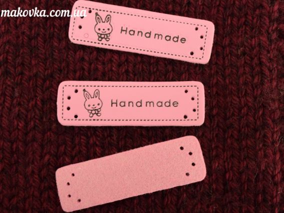 Кожаная нашивка, бирочка с надписью Hand Made и Зайчиком РОЗОВАЯ, 50х15мм, 1 шт