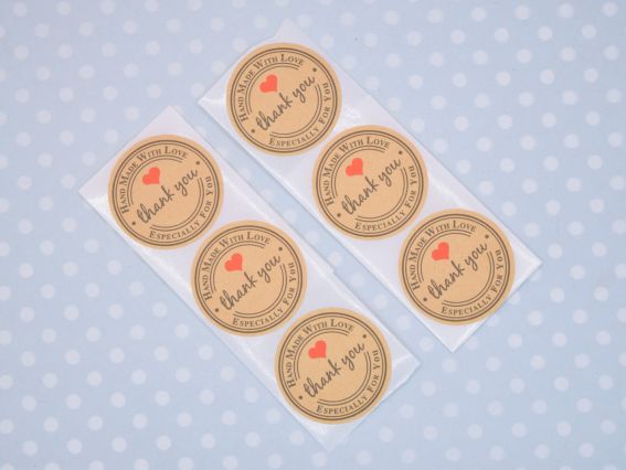 Наклейки Крафтовые, Thank you сердечко круглые d=25мм, 10 шт
