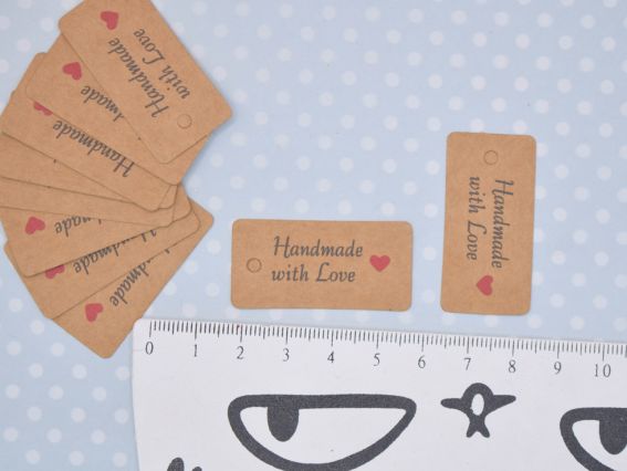 Картонні Бірки крафтові 20*40мм, фігурний верх, напис HAND MADE with love, 10 шт
