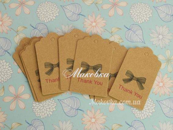Бірки картонні 30 * 50мм Крафт Thank You та бант, 10 шт. Бірки картонні 30 * 50мм Крафт Thank You та бант, 10 шт.