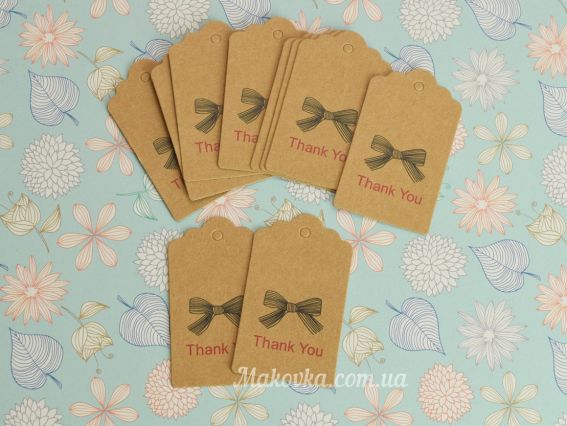 Картонні Бірки крафтові 30*50мм, фігурний верх, напис Thank You та бант, 10 шт
