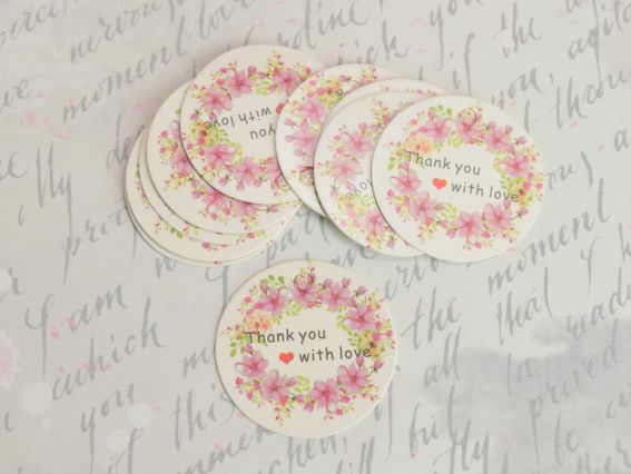 Картонні Бірки білі круглі 30мм, напис Thank you with love та рожеві квіти, 10 шт