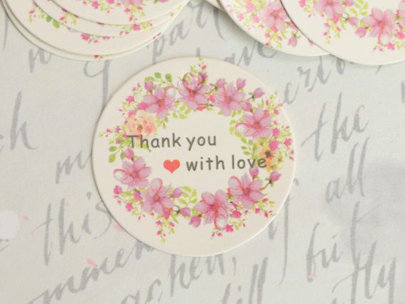 Картонні Бірки білі круглі 30мм, напис Thank you with love та рожеві квіти, 10 шт