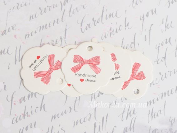 Картонні Бірки білі круглі хвилясті 30мм, напис Handmade with love та бант, 5 шт