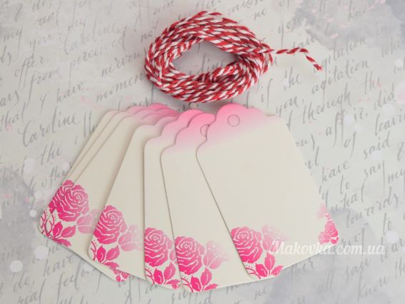 Картонные Бирки Белые прямоугольные 70*40мм, надпись Handmade with love и красный бант, 10 шт