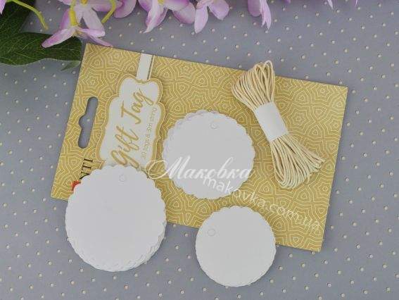 Набір тегів ажурних Коло, 30 шт., білі з мотузкою Santi 742279 