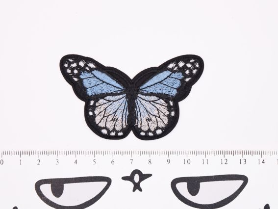 Термо-аплікація нашивка для одягу Метелик №6 чорна з блакитним, вишивка