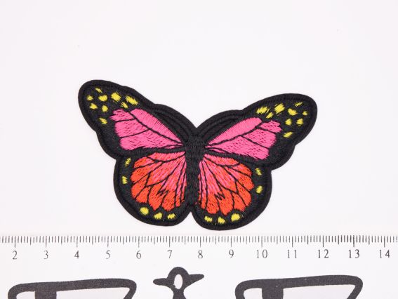 Термо-аплікація нашивка для одягу Метелик №6 чорний з Рожево-червоним, вишивка