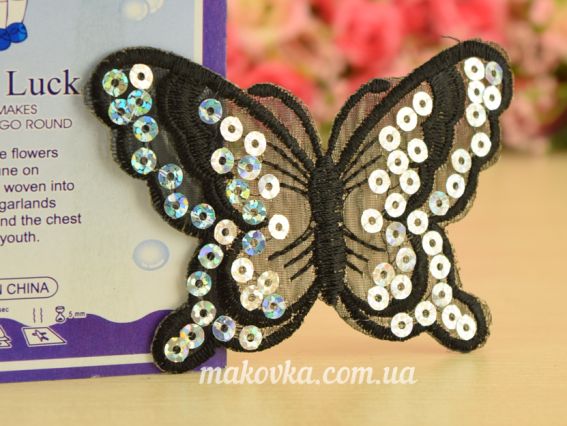 Термо-аппликация Бабочка №3, органза с пайетками, черная Термо-аппликация Бабочка №3, органза с пайетками, черная