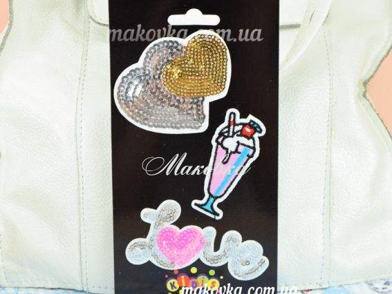 Термоаппликации для одежды KIDIS 8408, 3 шт/уп с пайетками два сердца, мороженное, LOVE Термоаппликации для одежды KIDIS 8408, 3 шт/уп с пайетками два сердца, мороженное, LOVE