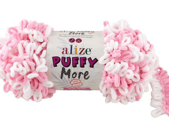 PUFFY MORE Alize пряжа 6267 білий + рожевий