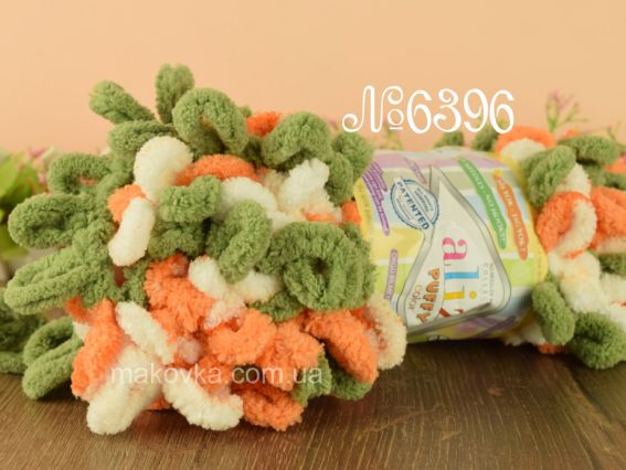 PUFFY color Alize пряжа 6396 зелений-помаранч-білий