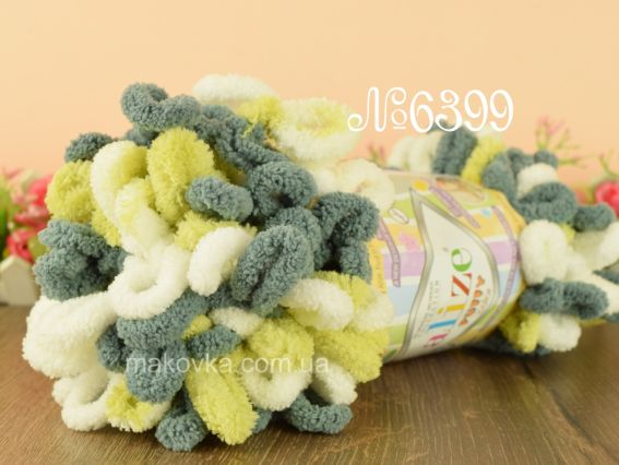 PUFFY color Alize пряжа 6399 салат-сірий-білий